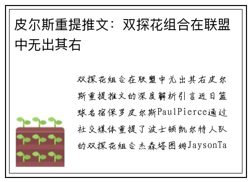 皮尔斯重提推文：双探花组合在联盟中无出其右