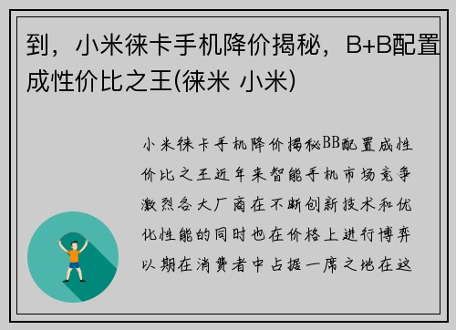 到，小米徕卡手机降价揭秘，B+B配置成性价比之王(徕米 小米)