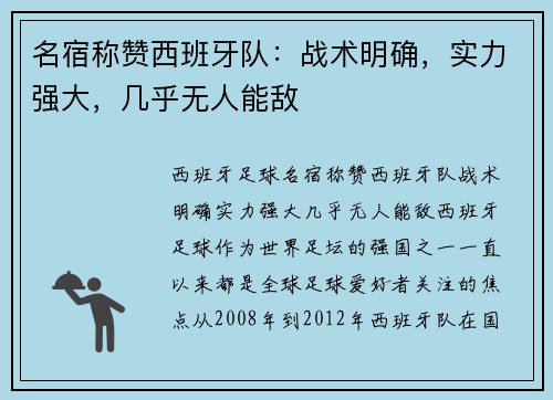 名宿称赞西班牙队：战术明确，实力强大，几乎无人能敌
