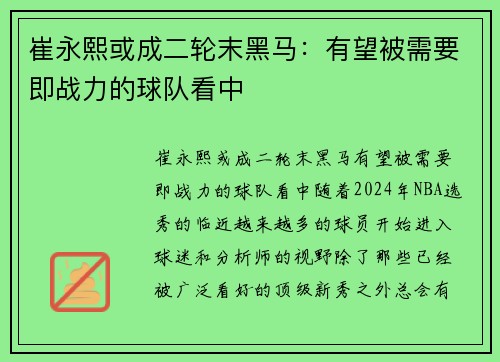 崔永熙或成二轮末黑马：有望被需要即战力的球队看中