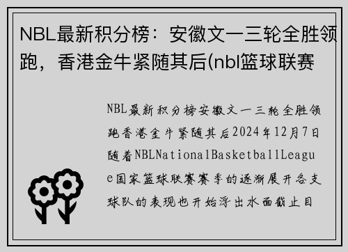 NBL最新积分榜：安徽文一三轮全胜领跑，香港金牛紧随其后(nbl篮球联赛积分榜)