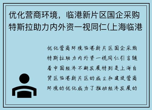 优化营商环境，临港新片区国企采购特斯拉助力内外资一视同仁(上海临港特斯拉配套公司)