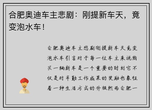 合肥奥迪车主悲剧：刚提新车天，竟变泡水车！
