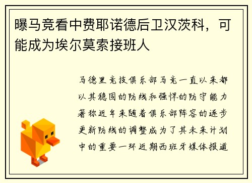 曝马竞看中费耶诺德后卫汉茨科，可能成为埃尔莫索接班人