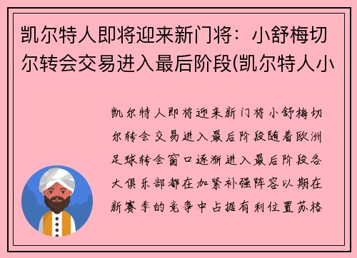 凯尔特人即将迎来新门将：小舒梅切尔转会交易进入最后阶段(凯尔特人小球迷)