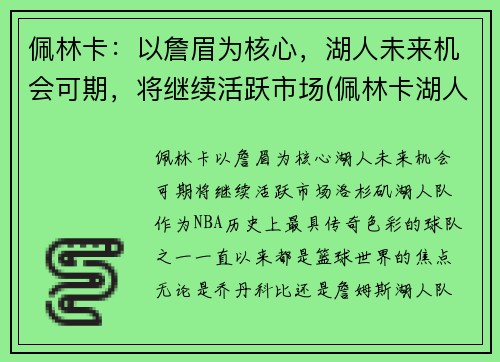 佩林卡：以詹眉为核心，湖人未来机会可期，将继续活跃市场(佩林卡湖人百度百科)