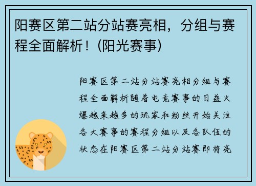 阳赛区第二站分站赛亮相，分组与赛程全面解析！(阳光赛事)
